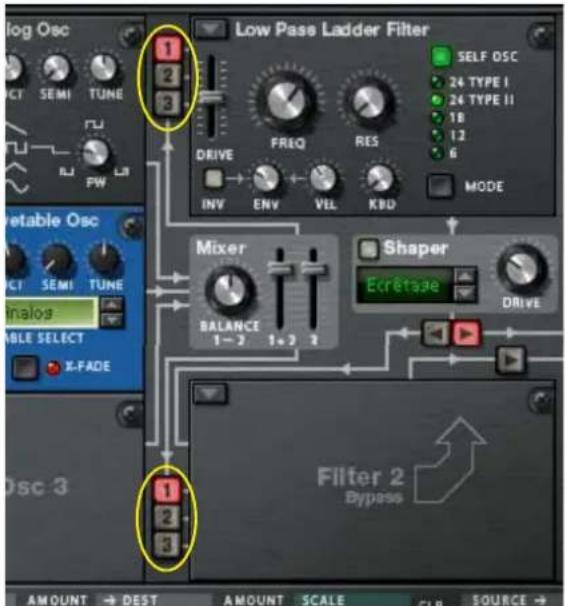PROPELLERHEAD Reason 5.0 - Cliquez sur la flèche de pop-up dans le coin supérieur gauche de l'emplacement de l'oscillateur 2 et selectionnéz y un second oscillateur à partir du menu pop-up. - 2