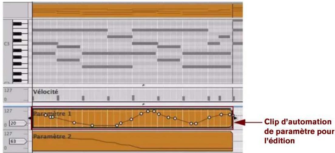 PROPELLERHEAD Reason 5.0 - Ouvrez le clip d'automation de paramètre pour l'édition en double-cliquant dessus ou en le selectionnant, puis en appuyant sur [Entrée]. - 1