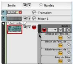 PROPELLERHEAD Reason 4.0 - Pour replier toutes les bandes d'automation, cliquez sur la flèche de la poignée en haut de la bande d'automation. - 1