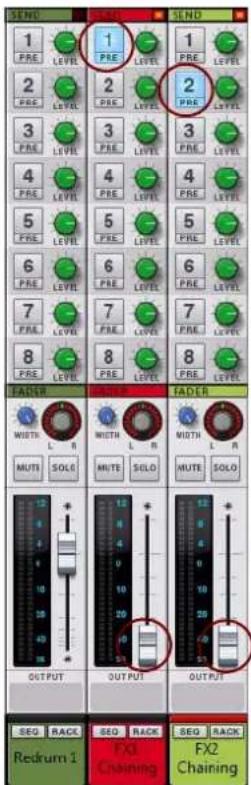 PROPELLERHEAD Reason 7.0 - Réduisez les faders de la voie de mixage « FX 1 Chaining » et « FX 2 Chaining » à zéro. - 2