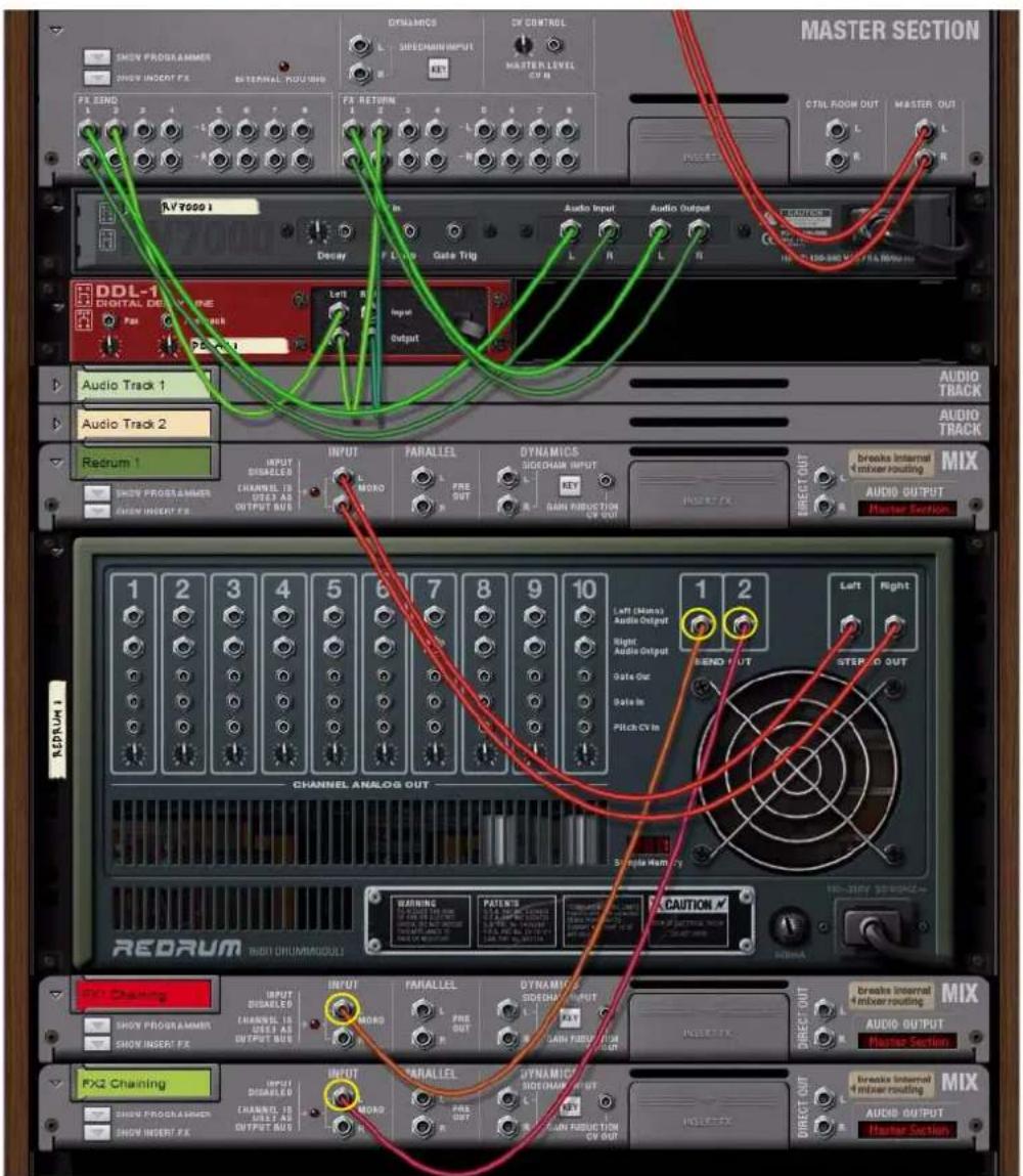 PROPELLERHEAD Reason 7.0 - Réduisez les faders de la voie de mixage « FX 1 Chaining » et « FX 2 Chaining » à zéro. - 3