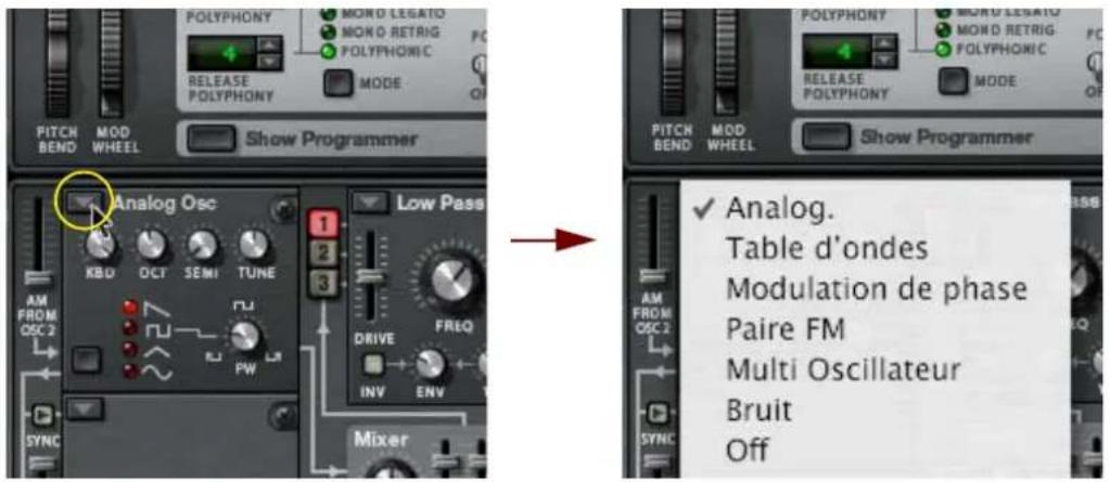 PROPELLERHEAD Reason 7.0 - Cliquez sur la flèche de pop-up dans le coin supérieur gauche de l'emplacement de l'oscillateur 2 et sélectionnez-y un second oscillateur à partir du menu pop-up. - 1
