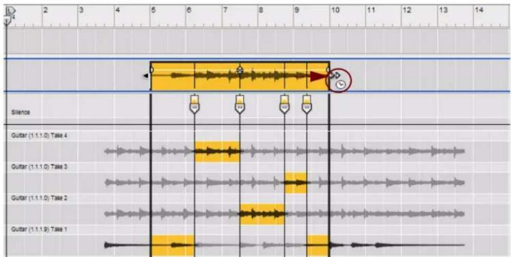 PROPELLERHEAD Reason 7.0 - Une fois l'outil de sélection sélectionné, maintenez enfoncée la touche [Ctrl](Win) ou [Option](Mac), puis placez le curseur de la souris sur l'une des poignées de redimensionnement du clip (dans la vue générale des clips). - 2