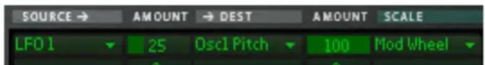 PROPELLERHEAD Reason 7.0 - Cliquez sur la ligne supérieure de la colonne Intensité à droite de la colonne Source et déplacez le pointeur de la souris vers le haut ou vers le bas pour définir la valeur Intensité. - 2