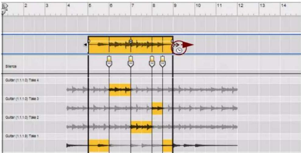 PROPELLERHEAD Reason 7.0 - Une fois l'outil de sélection sélectionné, maintenez enfoncée la touche [Ctrl](Win) ou [Option](Mac), puis placez le curseur de la souris sur l'une des poignées de redimensionnement du clip (dans la vue générale des clips). - 1