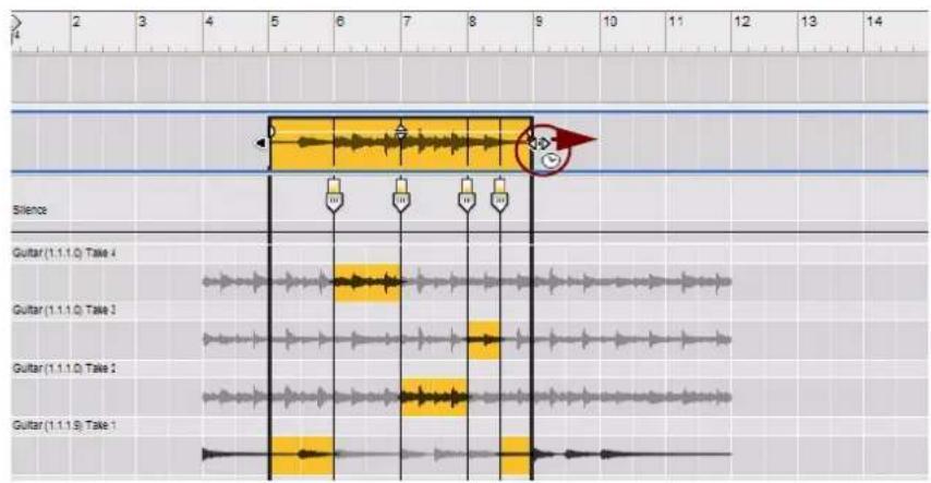PROPELLERHEAD Reason Essentials 2.0 - Une fois l'outil de sélection sélectionné, maintenez enfoncée la touche [Ctrl](Win) ou [Option](Mac), puis placez le curseur de la souris sur l'une des poignées de redimensionnement du clip (dans la vue générale des clips). - 1