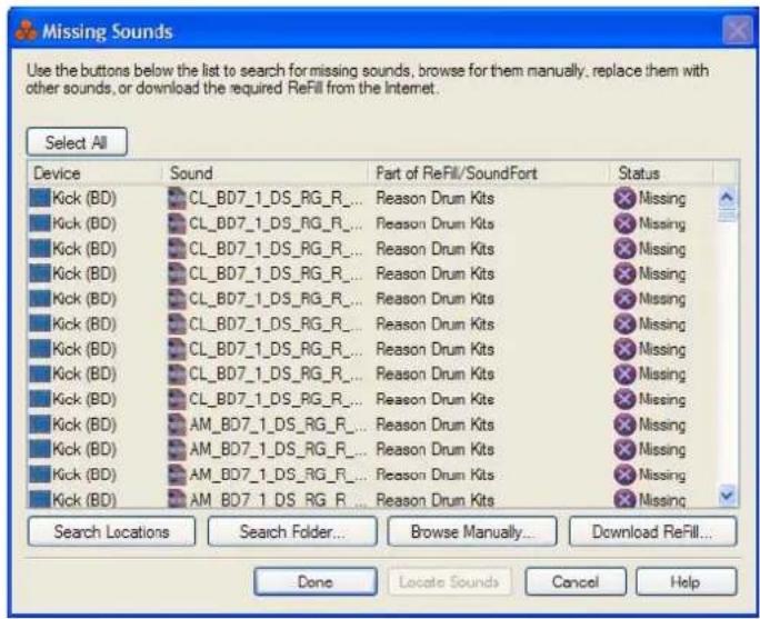 PROPELLERHEAD Reason Essentials 2.0 - La boîte de dialogue Sons manquants - 1
