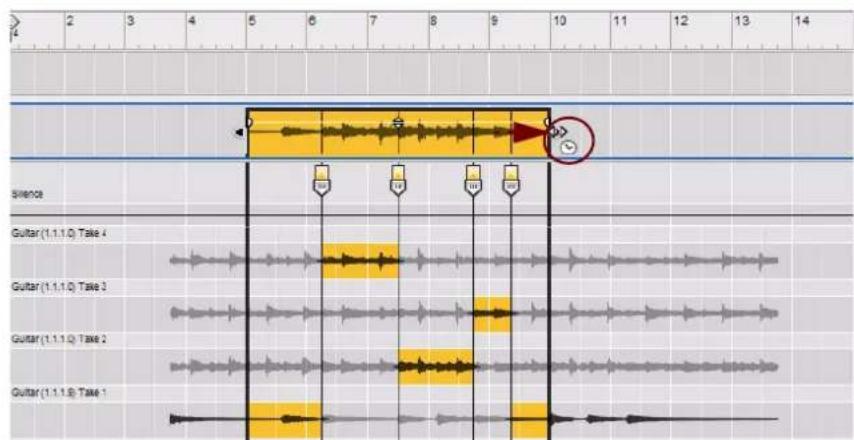 PROPELLERHEAD Reason Essentials 2.0 - Maintenez enfoncée la touche [Ctrl](Win) ou [Option](Mac), puis cliquez sur le curseur et déplacez-le latéralement dans la direction de votre choix pour mettre le clip à l'échelle. - 1