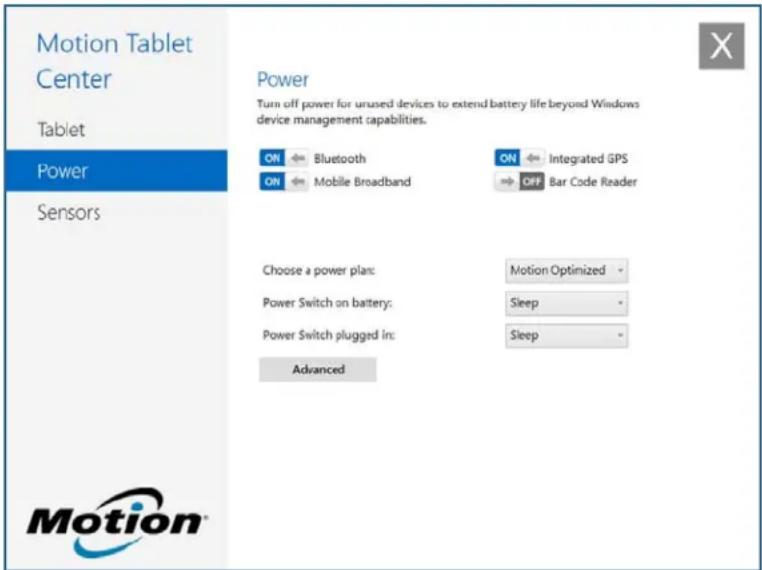 Motion Computing C5m - Réglages de l'alimentation - 1