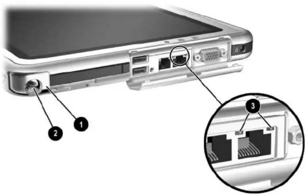 HP Compaq TC1100 - Face supérieure : compartment du stylet et voyants de connexion au réseau local - 1