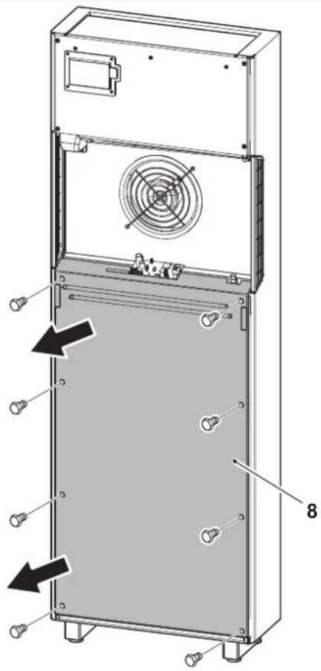 Technical diagram of an electrical enclosure with labeled components and directional arrows indicating assembly or installation.