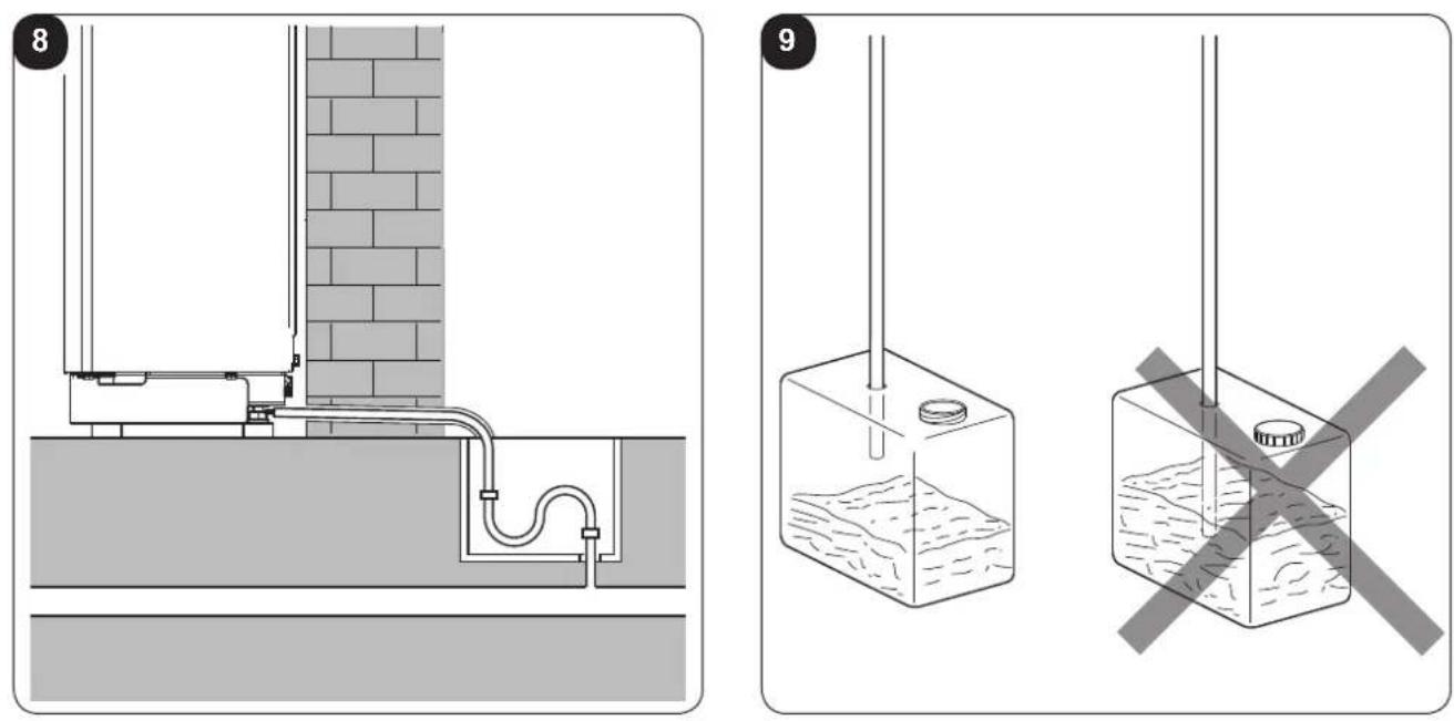 Technical diagram showing two installation methods: one with a pipe and brick wall, the other with a container marked with a cross and no text or symbols.