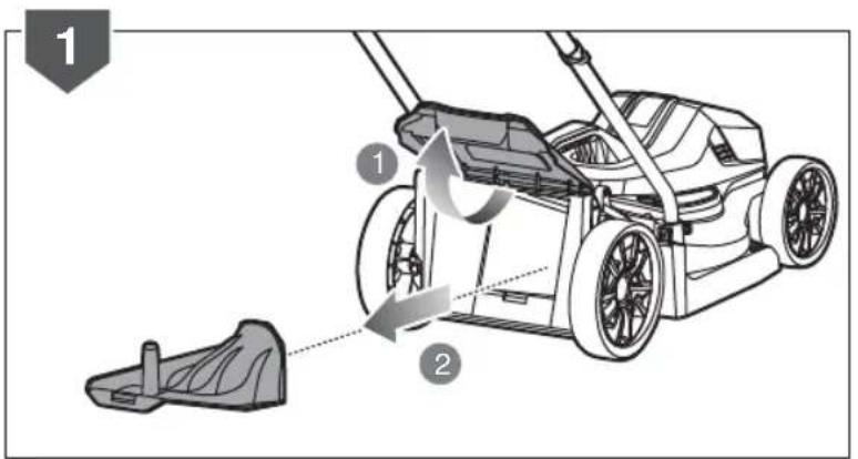 Diagram showing a lawn mower with labeled parts and motion arrows, including a base-mounted blade and directional arrows.