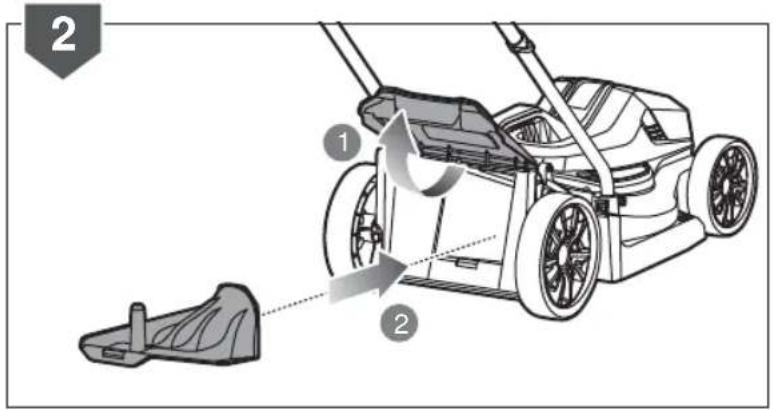 Diagram showing a lawn mower with labeled parts and motion arrows, including a base and blade assembly.