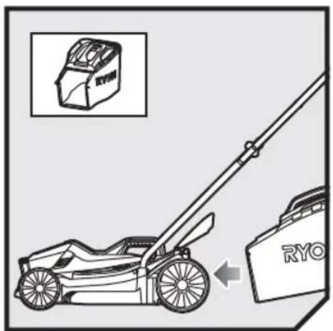 Diagram showing a lawn mower with an inset image of a RY0 device, illustrating mechanical components and motion direction.