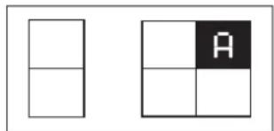 Two simple geometric diagrams with vertical and horizontal lines, one containing a black square labeled 'A' in the center.