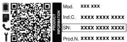 MOD. XXX XXX Ind.C. XXX XXX XXX XXX SN: XXX XXX XXX XXX Prod.N. XXX XXX XXX XXX