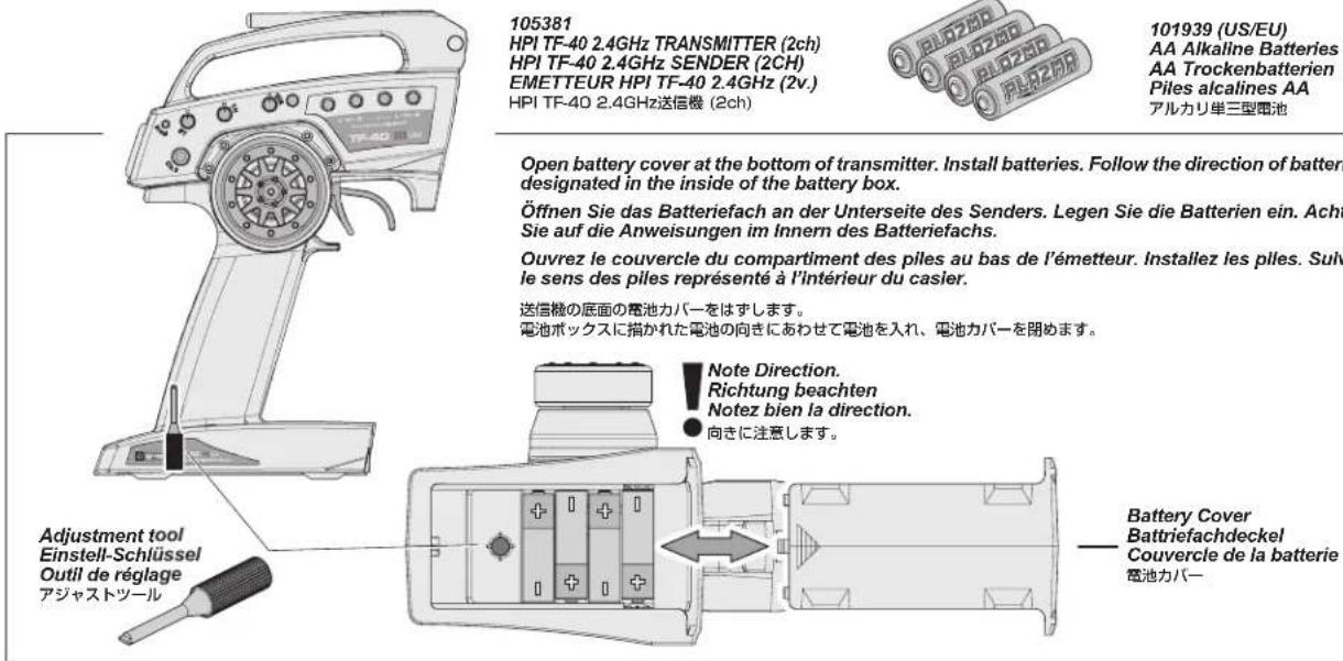 HPI Racing Venture Toyota FJ Cruiser - Transmitter Battery Installation Einlagen der Senderbatterien Mise en place des piles de I'emetreur 送信機用卡尼一の入方 - 1