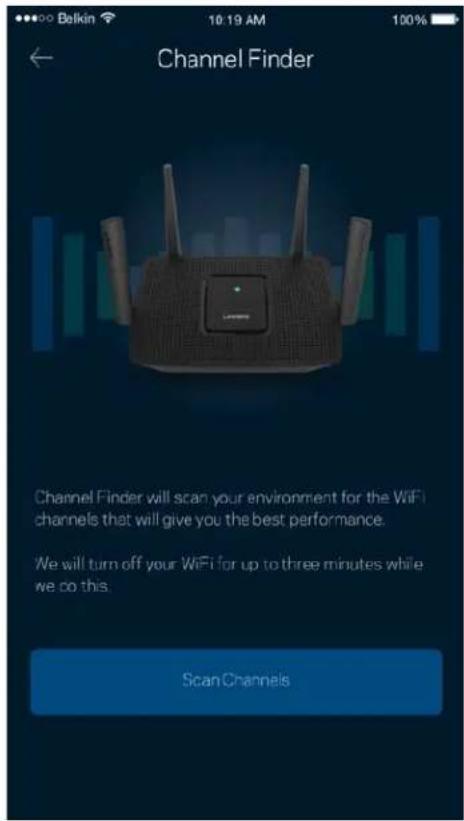 Channel Finder Channel Finder will scan your environment for the WiFi channels that will give you the best performance. We will turn off your WiFi for up to three minutes while we do this. Scan Channels
