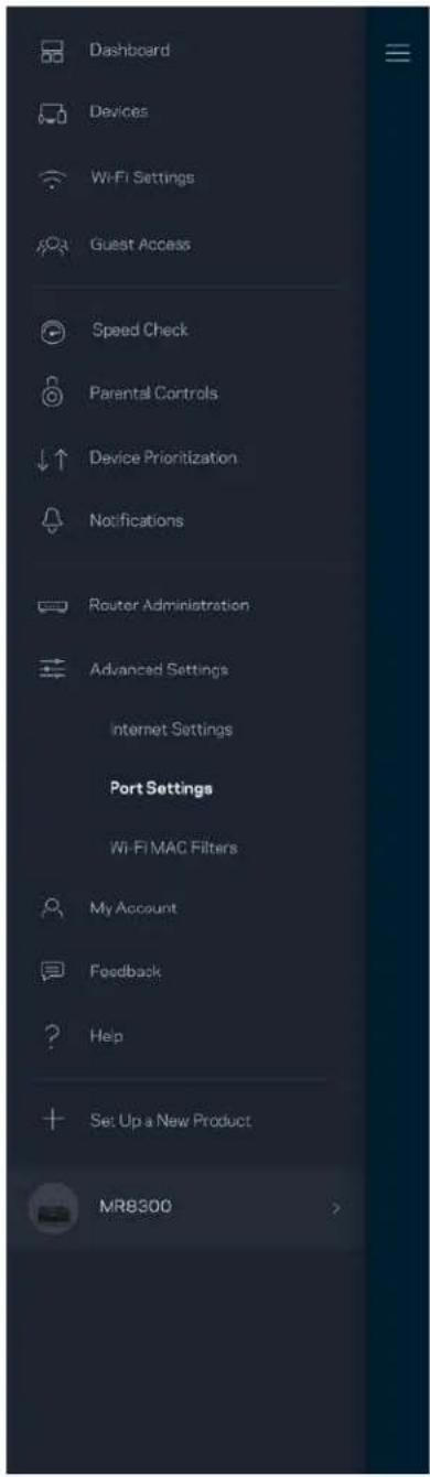 Dashboard Devices Wi-Fi Settings Guest Access Speed Check Parental Controls Device Prioritization Notifications Router Administration Advanced Settings Internet Settings Port Settings Wi-Fi MAC Filters My Account Feedback Help Set Up a New Product MR8300