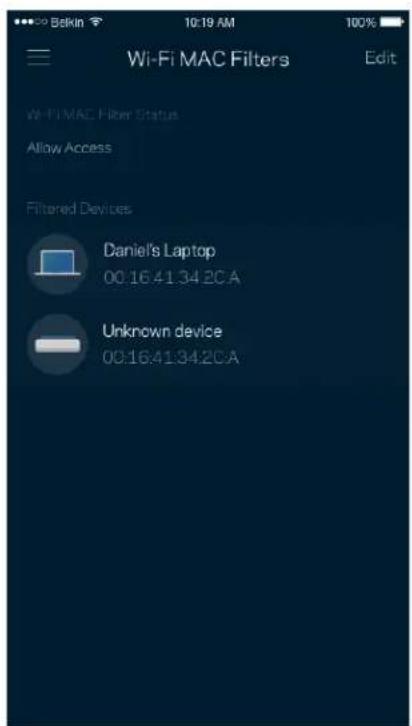 Wi-Fi MAC Filters Edit Wi-Fi MAC Filter Status Allow Access Filtered Devices Daniel's Laptop 00.16.4134.2CA Unknown device 00.16.4134.2CA