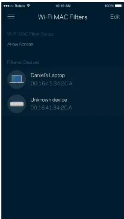 Wi-Fi MAC Filters Edit Wi-FI MAC Filter Status Allow Access Filtered Devices Daniel's Laptop 00:16:41:34:2CA Unknown device 00:16:41:34:2CA