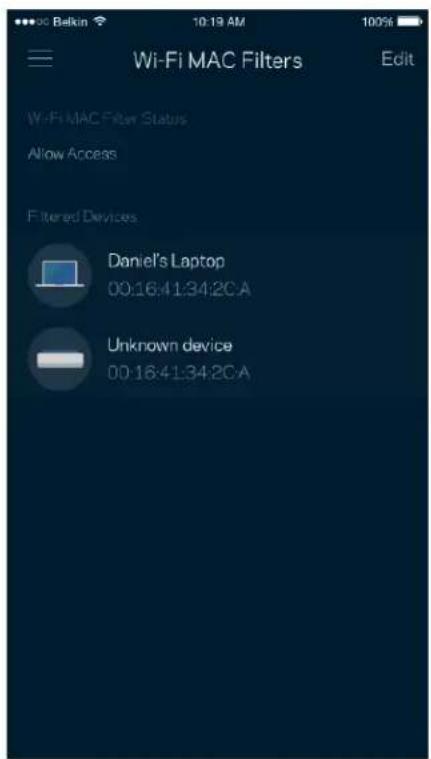 Wi-Fi MAC Filters Edit Wi-Fi MAC Filter Status Allow Access Filtered Devices Daniel's Laptop 00:16:41:34:2CA Unknown device 00:16:41:34:2CA
