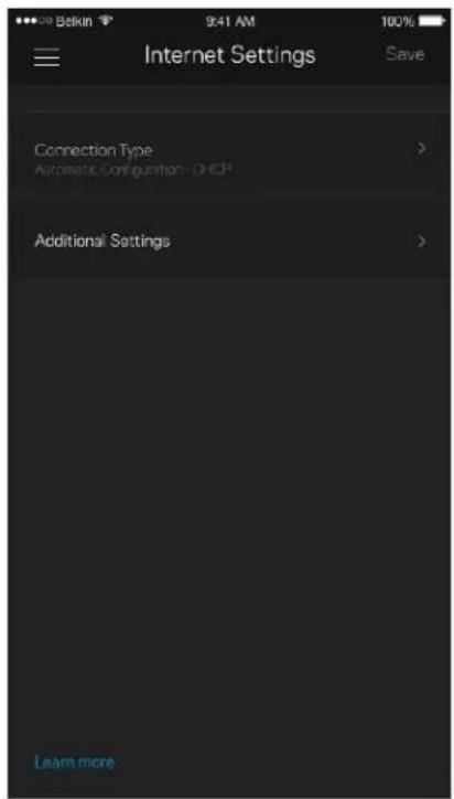 Beikin 9:41 AM 100% Internet Settings Save Connection Type > Automatic Configuration - DHCP Additional Settings > Learn more.
