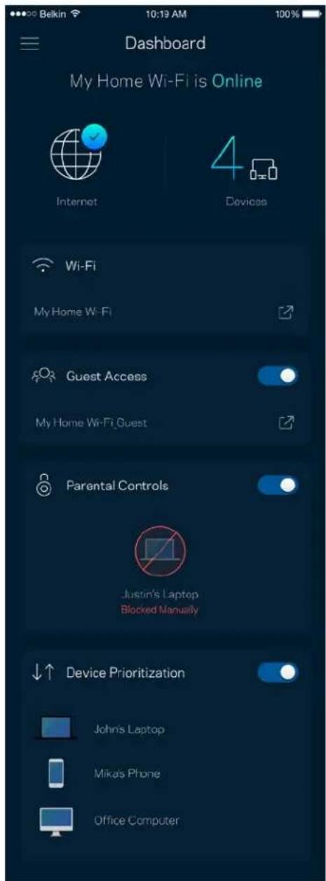 Dashboard My Home Wi-Fi is Online Internet 4 Devices Wi-Fi My Home Wi-Fi Guest Access My Home Wi-Fi Guest Parental Controls Justin's Laptop Blocked Manually Device Prioritization John's Laptop Mika's Phone Office Computer