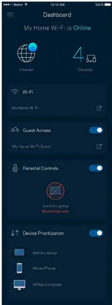 Dashboard My Home Wi-Fi is Online Internet 4 Devices Wi-Fi My Home Wi-Fi Guest Access My Home Wi-Fi_Guest Parental Controls Justin's Laptop Blocked Manually Device Prioritization John's Laptop Mike's Phone Office Computer