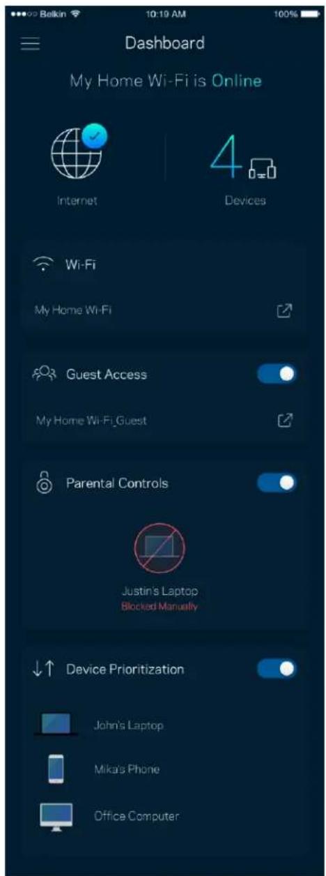 Dashboard My Home Wi-Fi is Online Internet 4 Devices Wi-Fi My Home Wi-Fi Guest Access My Home Wi-Fi Guest Parental Controls Justin's Laptop Blocked Manually Device Prioritization John's Laptop Mika's Phone Office Computer
