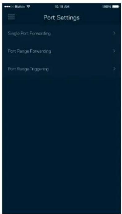 Bekin 10:19 AM Port Settings Single Port Forwarding > Port Range Forwarding > Port Range Triggening >