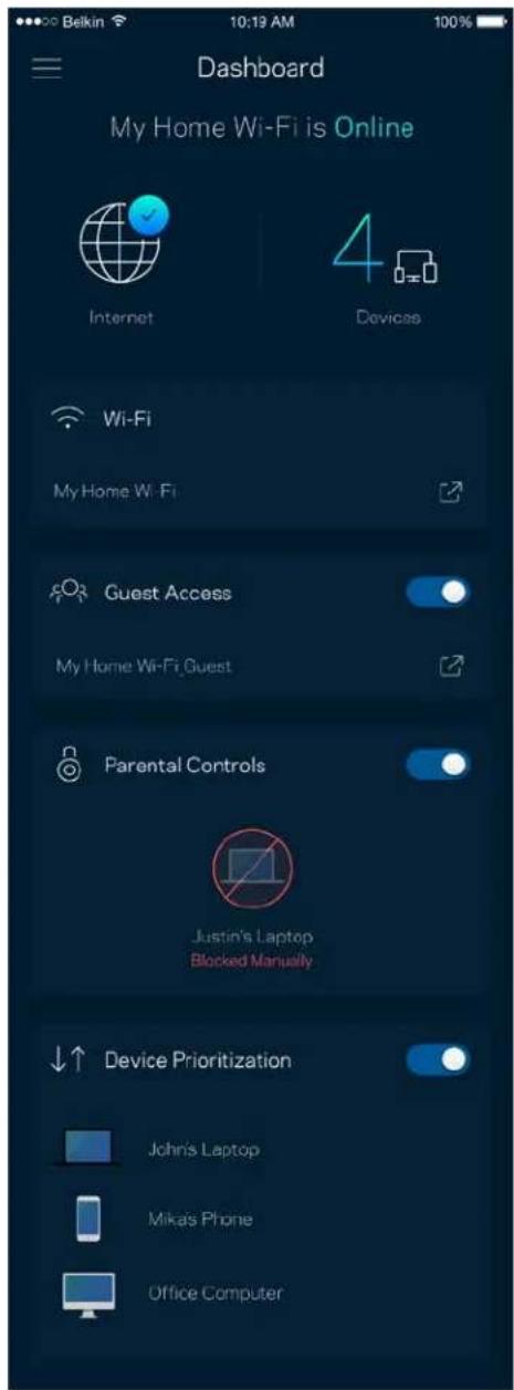 Dashboard My Home Wi-Fi is Online Internet 4 Devices Wi-Fi My Home Wi-Fi Guest Access My Home Wi-Fi Guest Parental Controls Justin's Laptop Blocked Manually Device Prioritization John's Laptop Mikas Phone Office Computer