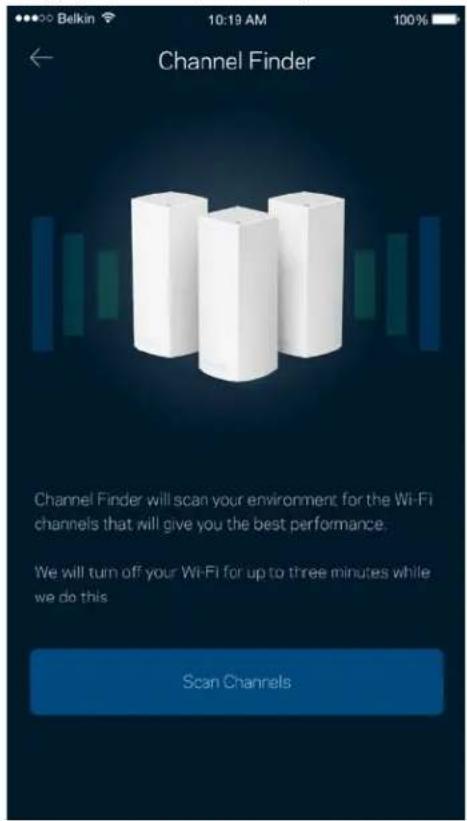 Channel Finder Channel Finder will scan your environment for the Wi-Fi channels that will give you the best performance. We will turn off your Wi-Fi for up to three minutes while we do this Scan Channels