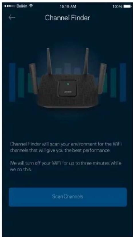 Channel Finder Channel Finder will scan your environment for the WiFi channels that will give you the best performance. We will turn off your WiFi for up to three minutes while we co this. Scan Channels