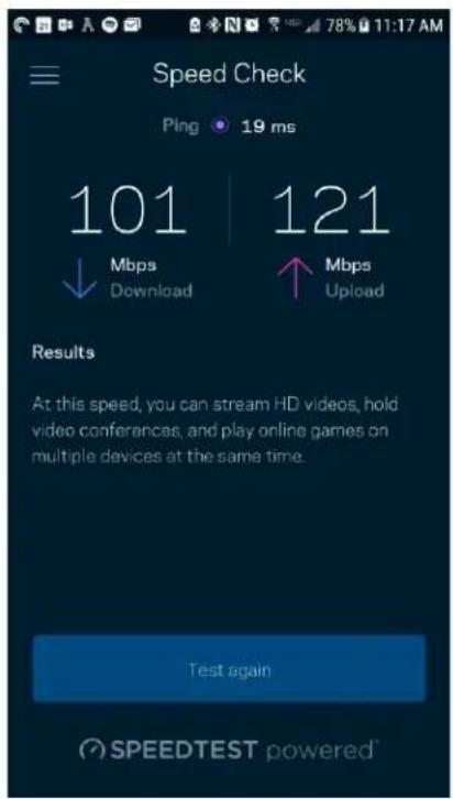 Speed Check Ping 19 ms 101 121 ↓ Mbps ↑ Mbps Download Upload Results At this speed, you can stream HD videos, hold video conferences, and play online games on multiple devices at the same time. Test again SPEEDTEST powered