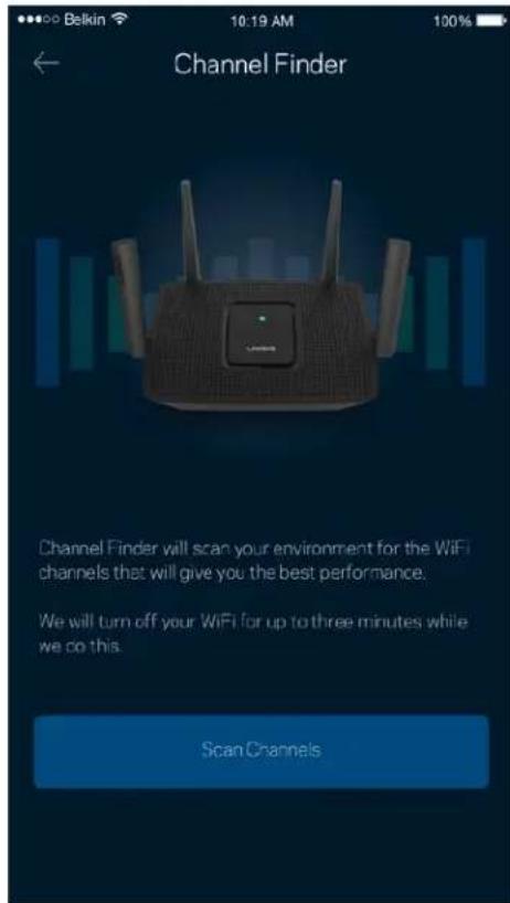 Belkin 10:19 AM 100% Channel Finder Channel Finder will scan your environment for the WiFi channels that will give you the best performance. We will turn off your WiFi for up to three minutes while we do this. Scan Channels