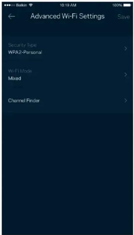 Balkin 10:19 AM Advanced Wi-Fi Settings Save Security Type > WPA2-Personal > Wi-Fi Mode > Mixed > Channel Finder >