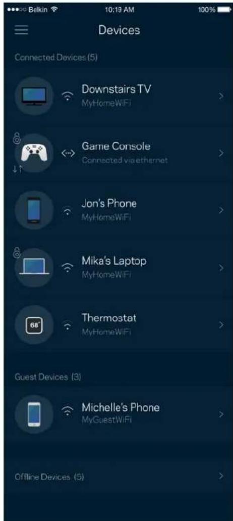 Belkin 10:19 AM 100% Devices Connected Devices (5) Downstairs TV MyHomeWiFi Game Console Connected via ethernet Jon's Phone MyHomeWiFi Mika's Laptop MyHomeWiFi Thermostat MyHomeWiFi Guest Devices (3) Michelle's Phone MyGuestWiFi Offline Devices (5)