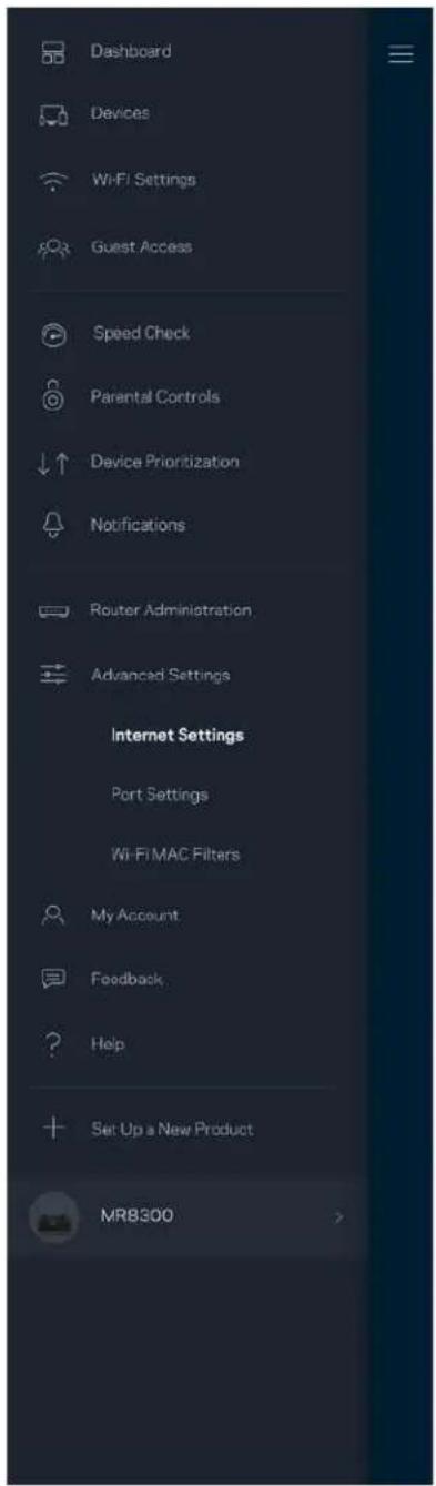 Dashboard Devices Wi-Fi Settings Guest Access Speed Check Parental Controls Device Prioritization Notifications Router Administration Advanced Settings Internet Settings Port Settings Wi-Fi MAC Filters My Account Feedback Help Set Up a New Product MR8300