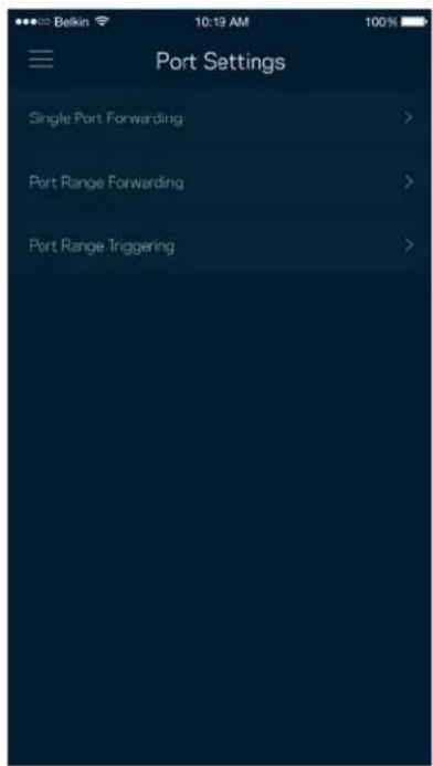 Bekin 10:19 AM Port Settings Single Port Forwarding > Port Range Forwarding > Port Range Triggering >