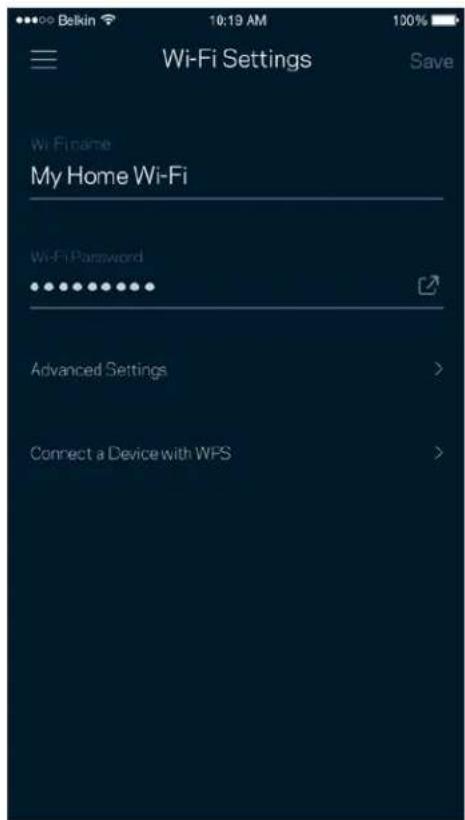 Wi-Fi Settings Save Wi FiName My Home Wi-Fi Wi-Fi Password Advanced Settings > Connect a Device with WFS >