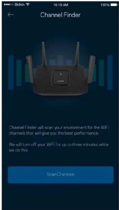 Channel Finder Channel Finder will scan your environment for the WiFi channels that will give you the best performance. We will turn off your WiFi for up to three minutes while we do this. Scan Channels