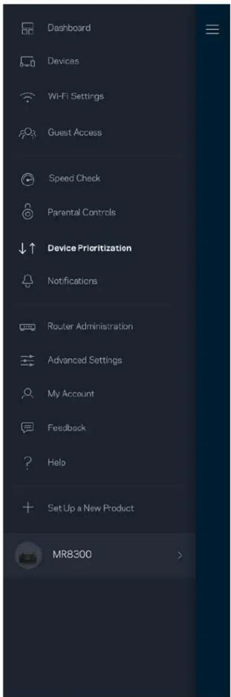 Dashboard Devices Wi-Fi Settings Guest Access Speed Check Parental Controls Device Prioritization Notifications Router Administration Advanced Settings My Account Feedback Help Set Up a New Product MR8300