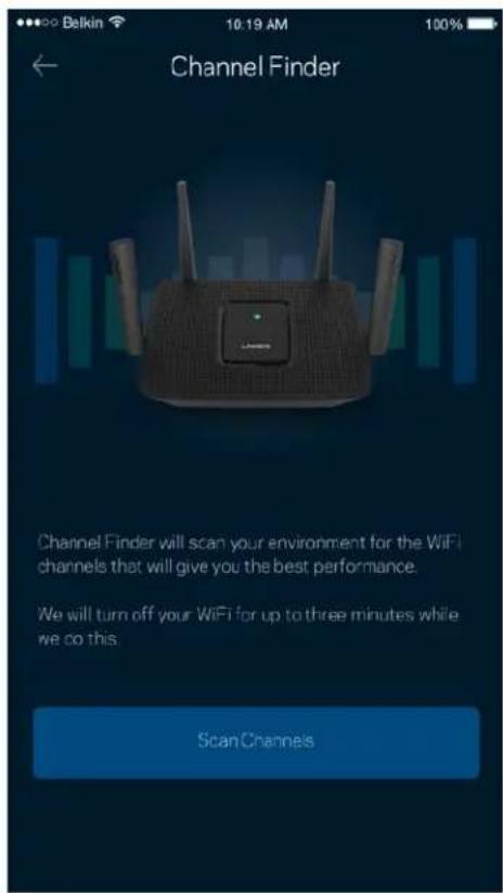 Channel Finder Channel Finder will scan your environment for the WiFi channels that will give you the best performance. We will turn off your WiFi for up to three minutes while we do this. Scan Channels