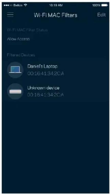 Wi-Fi MAC Filters Edit Wi-Fi MAC Filter Status Allow Access Filtered Devices Daniel's Laptop 00:16:41:34:2CA Unknown device 00:16:41:34:2CA