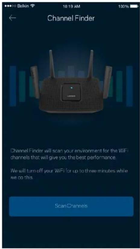 Channel Finder Channel Finder will scan your environment for the WiFi channels that will give you the best performance. We will turn off your WiFi for up to three minutes while we co this. Scan Channels
