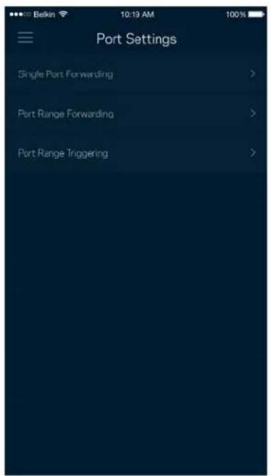 Bekin 10:19 AM Port Settings Single Port Forwarding > Port Range Forwarding > Port Range Triggering >