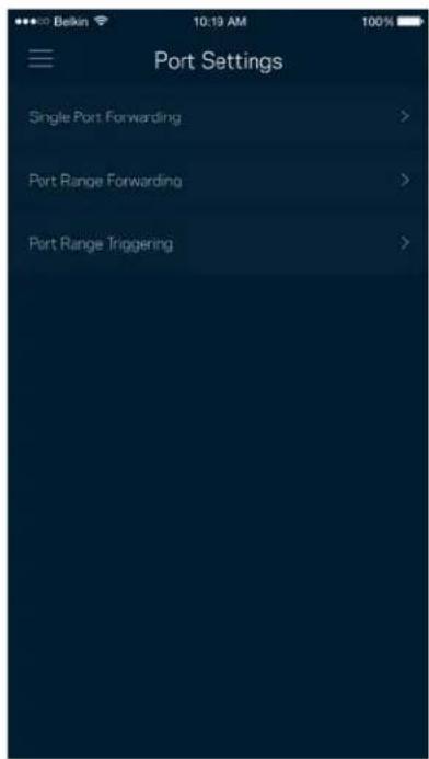 Bekin 10:19 AM Port Settings Single Port Forwarding > Port Range Forwarding > Port Range Triggering >