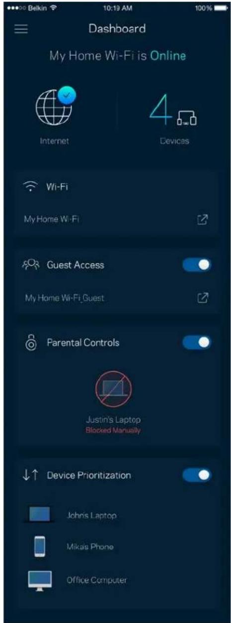 Dashboard My Home Wi-Fi is Online Internet 4 Devices Wi-Fi My Home Wi-Fi Guest Access My Home Wi-Fi Guest Parental Controls Justin's Laptop Blocked Manually Device Prioritization John's Laptop Mikas Phone Office Computer
